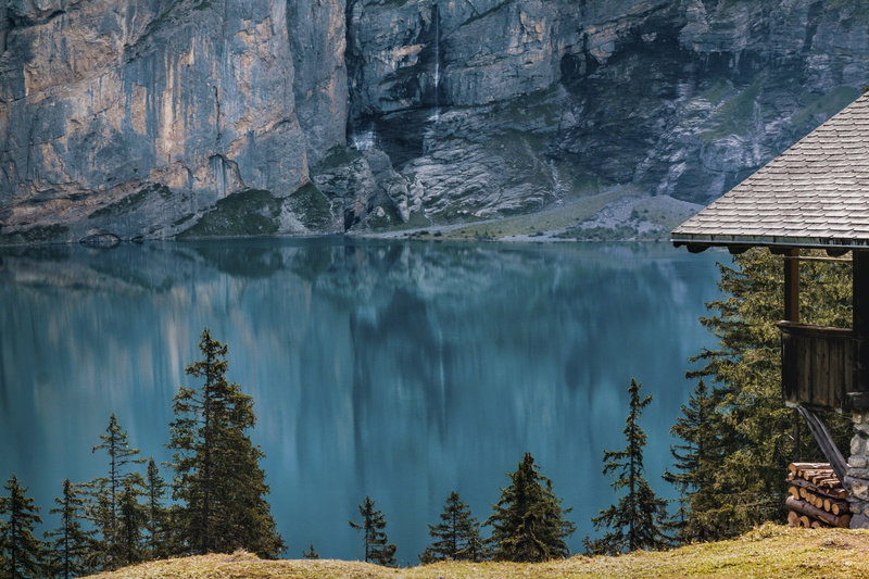 tree, reflection, scenics, scenics - nature, trees, land, idyllic, plant, colorful, contrast, tranquil scene, close-up, recovery, firs, nature, hut, lake oeschinen