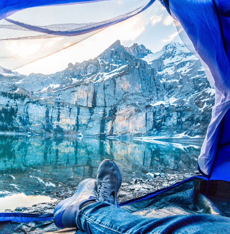 lake oeschinen, mountain, camping holidays, transparent, ice, adventure, cold temperature, day, bergsee, mirroring, non-urban scene, tent holidays, snow