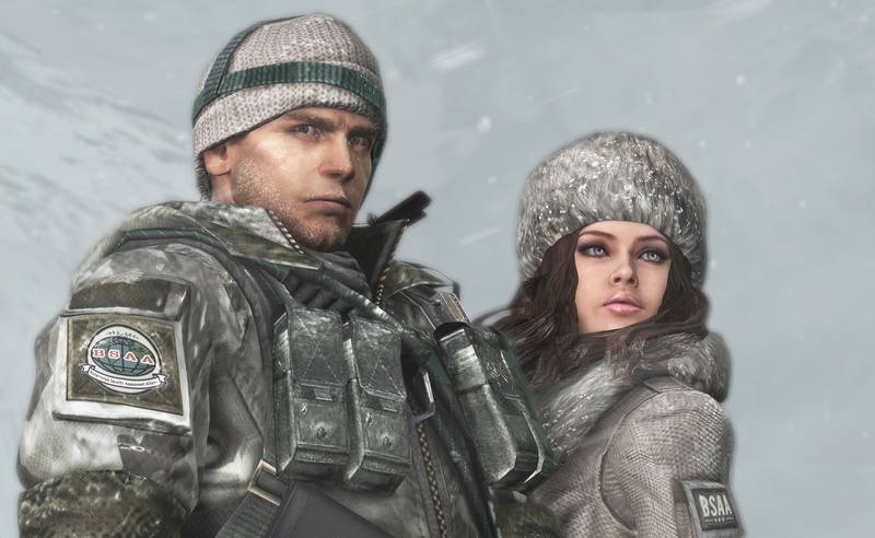 warm clothing, chris redfield, black, video game, two people, jessica sherawat, snow, outdoors, looking at camera, Games, biohazard revelations, winter