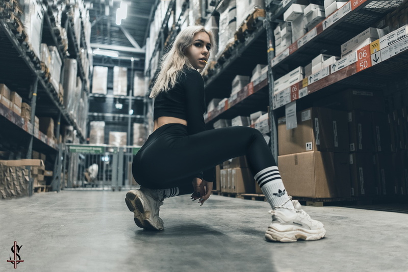 blonde, sneakers, leggings, squatting, 2K, Adidas, IKEA, nose ring, women, White socks, looking at viewer, black clothing