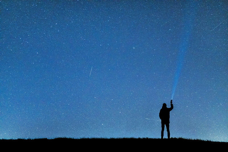 real people, night photograph, shooting stars, 5K, man, lifestyles, point, silhouette, Night Sky, lights, starry, cosmos, mystical, people, space, arms raised