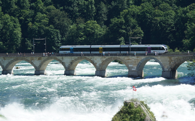 connection, rock, the rock, motion, built structure, outdoors, schaffhausen, water mass, transportation, tree, nature, water, rhine, day, switzerland, plant
