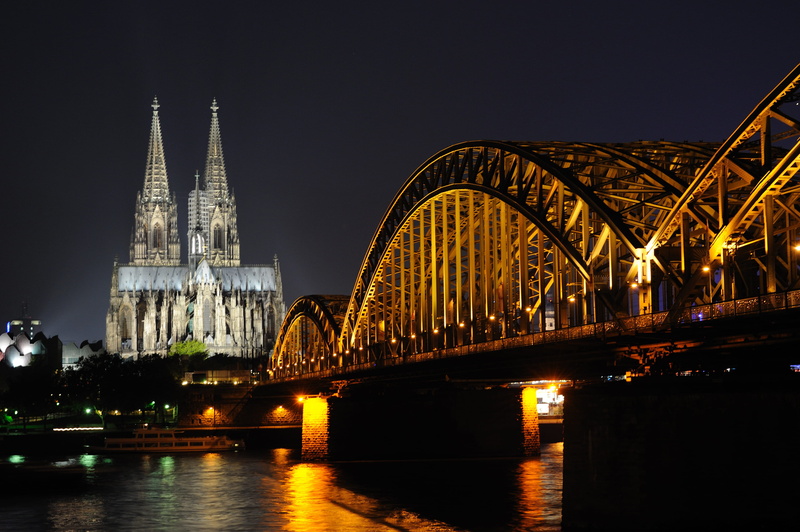 cityscape, night scene, illuminated, travel destinations, water, germany, building, lighted, connection, skyscraper, nature, rhine, travel, bridge - man made structure