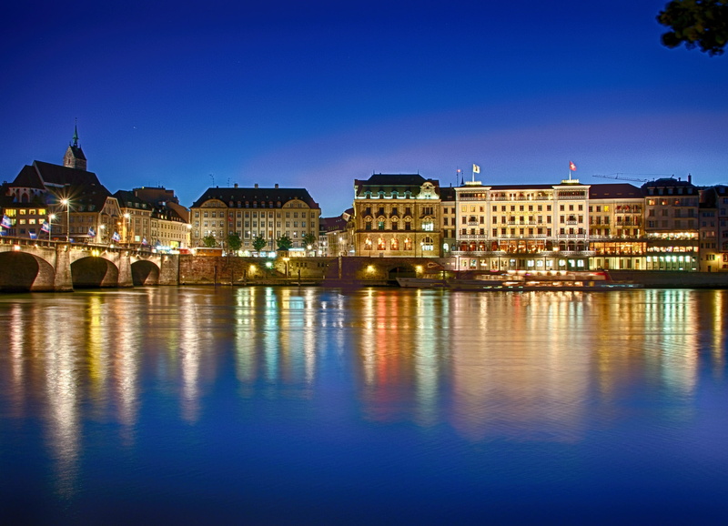travel, travel destinations, Basel, building, bridge, Mirroring, reflection, building exterior, city, abendstimmung, lighting, no people, cityscape, atmosphere