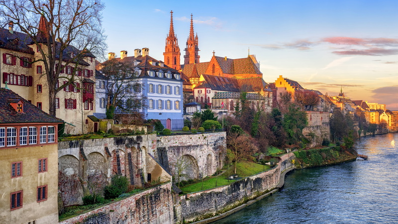 building exterior, water, sky, building, sunset, chateau, the past, basle, spirituality, tree, place of worship, religion, tourism, city, 4K, river, no people