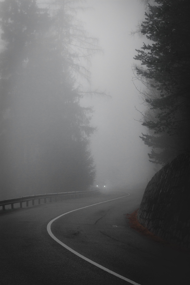 barrier, no people, tree, turned, car, tranquil scene, street, foggy, fog, winter, drive, light, transportation, non-urban scene, near, outdoors, road