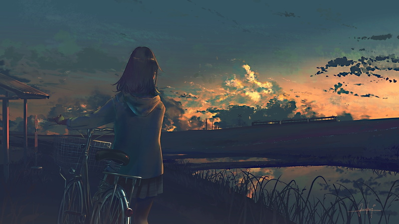 sky, bicycle, 720P, girl, leisure activity, plant, real people, sunset, lifestyles, nature, water, scenics - nature, anime landscape, beauty in nature