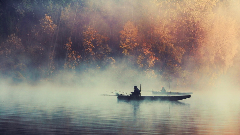 sky, plant, nature landscape trees water lake boat mist morning fisherman fall forest men fishing, tranquility, transportation, autumn, water, tree, rowing