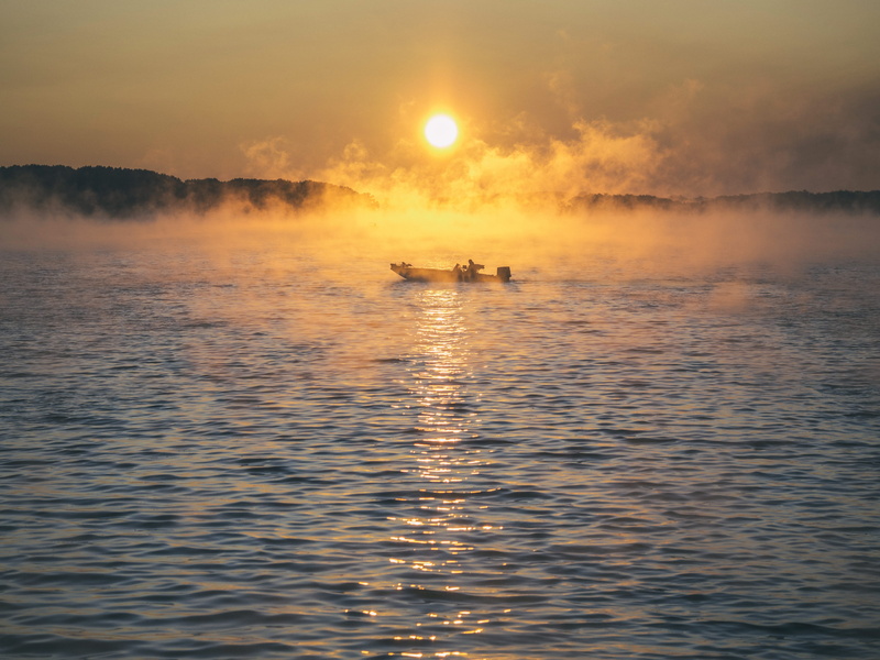 scenics, boat, tree, sunset, beach, sunlight, body, fun, 4K, glow, water, dusk, mist, people, fishing, sunrise - Dawn, fog, haze, morning, lake, reflection