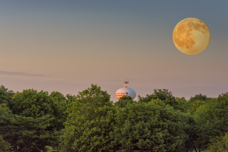 real people, luna llena, nature, 5K, rear view, astronomy, tower, big moon, green color, luna, strawberry, full, full moon, big, trees, downers grove