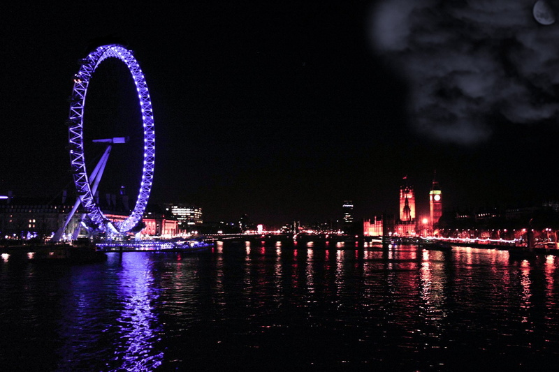 London, London Eye, Thames, Water, United Kingdom, Sky, Night, Big Ben, 1080P, Cities, Moon