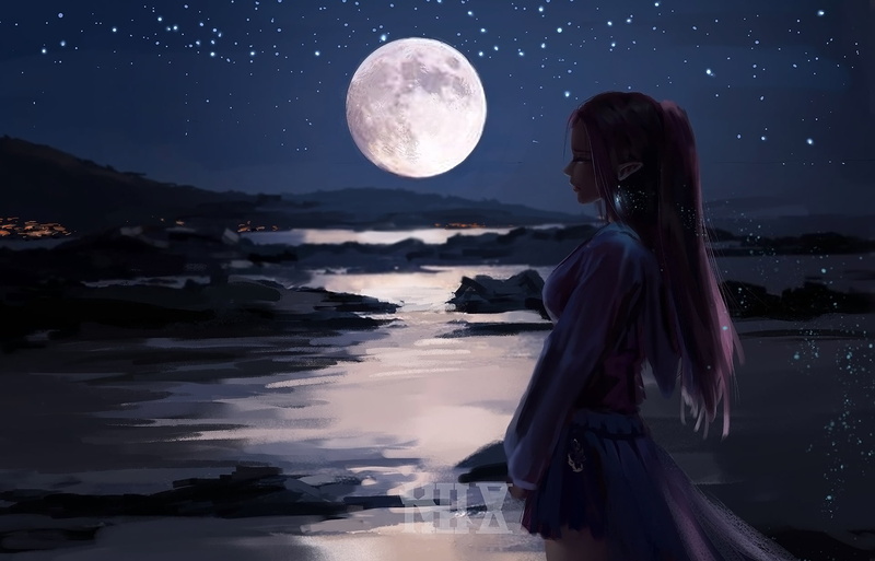 Moonset, night, fantasy art, river, Elfs, fantasy girl, Ydiya Kai, 1080P