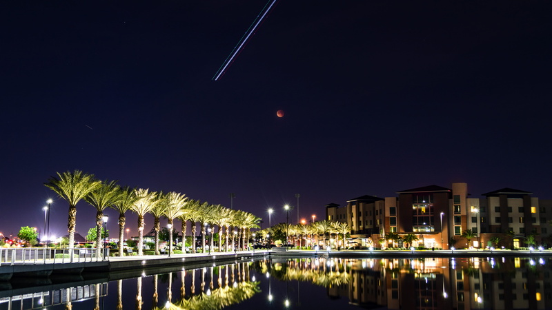 modern, lake, no people, reflection, sky, night, blue moon, mesa, 5K, moon, az, city, super blue blood moon, tree, built structure, cityscape, nature