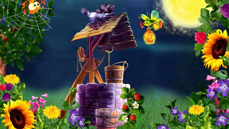 strawberries, bugs, bird, sun, bright, illustration, grass, faspberries, lights, lawn, brown, 1080P, well, purple, spring, green, berries, full moon, wishing well
