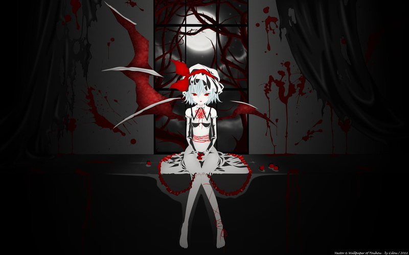 red, vector, dark, touhou, vampire, scarlet, fruit, wings, remilia, dress, blood, white, eyes, ribbons, strawberry, hair, moon, barefoot, 2K