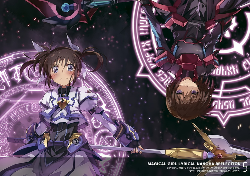 eyes, long, twintails, staff, purple, nanoha, bun150, 2K, 2girls, starks, hair, armor, gloves, dress, takamachi, 255824, weapon, short, ribbons, konachan