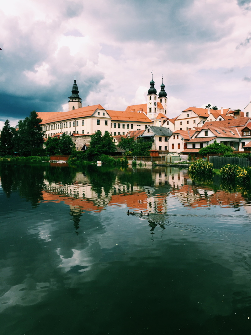 czech, plant, church, nature, landscape, house, town, telc, waterfront, sky, day, built structure, tourism, heritage, building, unesco, outdoors, moravia