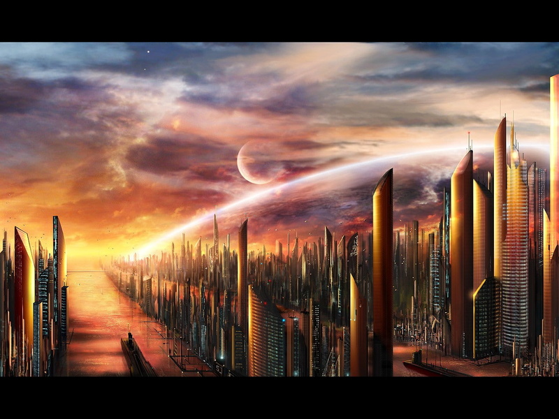 orange color, panoramic, transfer print, outdoors, city, nature, futuristic, 720P, science fiction, cloud - sky, no people, office building exterior, built structure