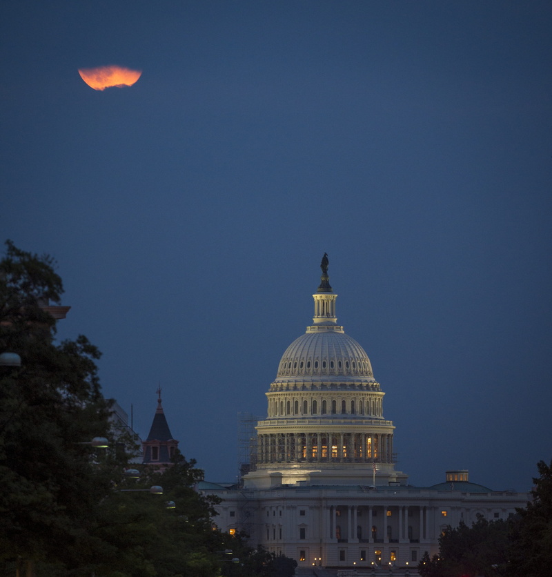usa, Supermoon, clear sky, Capitol, Perigee, district of columbia, city, full, neo-classical, government, light, dc, 2K, dome, no people, clouds, tree