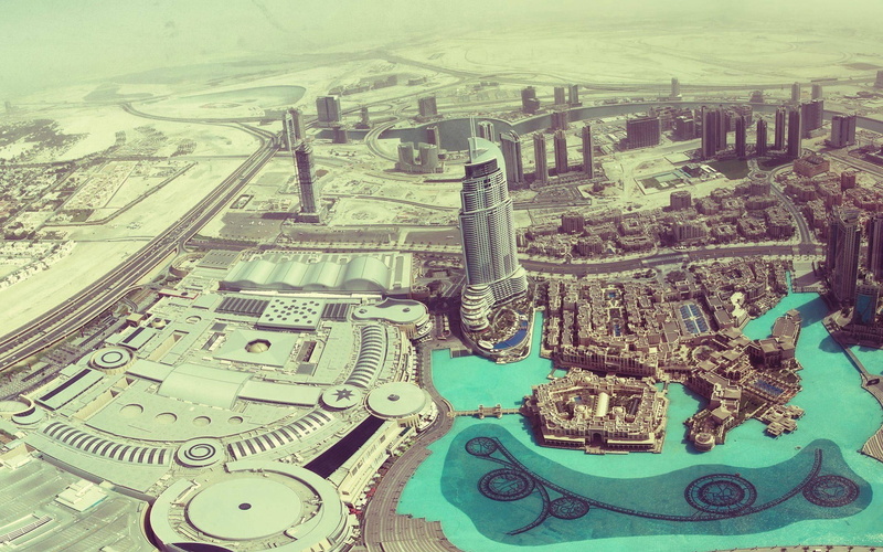 high angle view, auto post production filter, Dubai, cityscape, skyscraper, train, day, green, aerial view, machinery, built structure, water, travel, industry