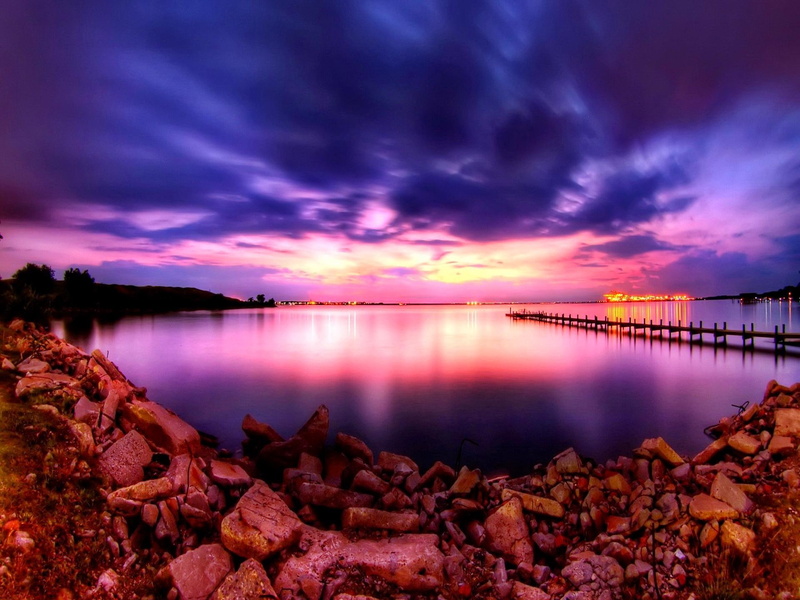 beautiful, clouds, 1080P, stones, lake, mirrored, water, nice, amazing, sunset, reflection, reflectio, lovely, colorful, sky