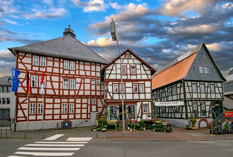 architecture, sky, places of interest, Germany, building, symbol, old town, road, Taunus, street, transportation, truss, Hesse, house, town hall, fachwerkhaus