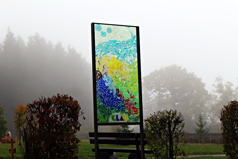cemetery, bench, nature, glass, beauty in nature, land, glass works, scenics - nature, park, sky, taunus, grass, outdoors, glass mosaic, tranquility, fog