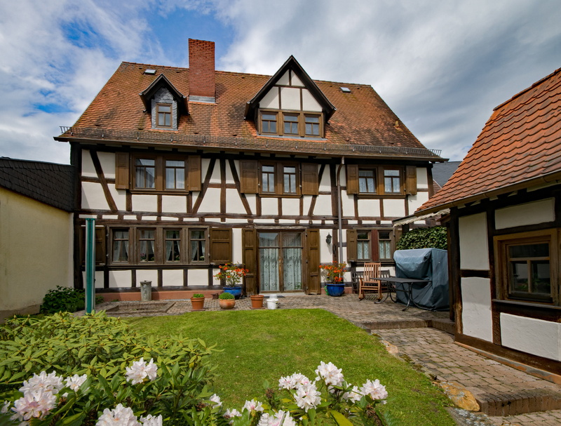 built structure, residential district, flower, house, no people, plant, cloud - sky, brick, nature, suburb, flowers, bloom, taunus, building exterior, home ownership