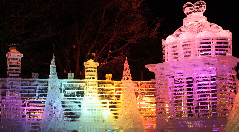 ice, tree, tourism, building exterior, Aero, no people, buildings, city, tall - high, art and craft, night, travel destinations, Snow, rainbow, 4K, low angle view