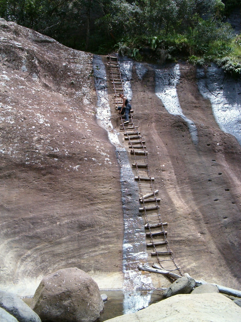 beauty in nature, incidental people, drakensberg mountains, rock, staircase, nature, non-urban scene, water, steep slope, rock - object, rock formation