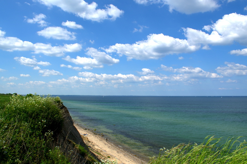 steep slope, beach, turquoise colored, outlook, sea, rock, marram grass, clouds, grass, 4K, cliff, beauty in nature, scenics - nature, tranquil scene