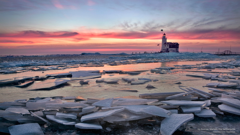 icy, Architecture, netherlands, marken, sunrise, 2K