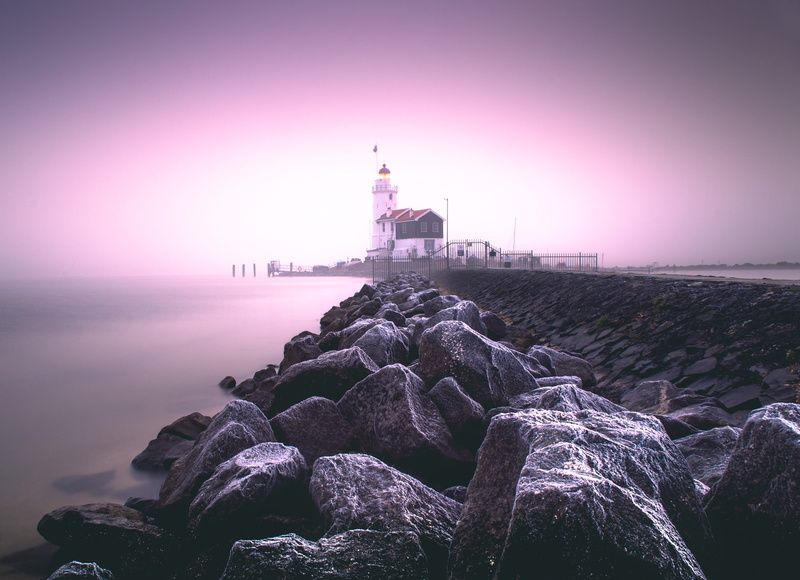 shore, water, fog, lighthouse, beauty in nature, vacation, sky, travel destinations, rock - object, winter, built structure, fence, 4K, scenics - nature