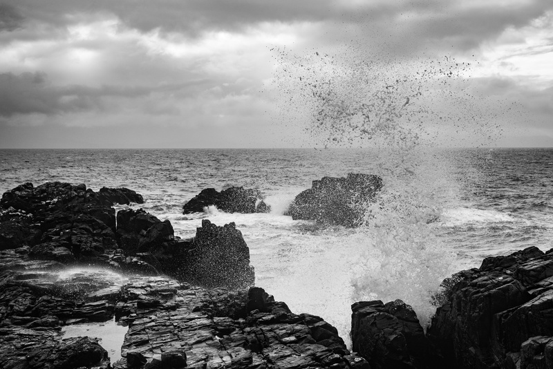 waves, nature, rocky coastline, rock formation, scenics - nature, hitting, breaking, cloud - sky, black, water, sea, wave, splashing, rock - object, white