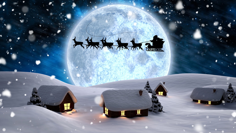 night, reindeers, covered, winter, moon, 5k, snow, Santa, houses, 5K, claus, carriage, New Year, deer, Christmas