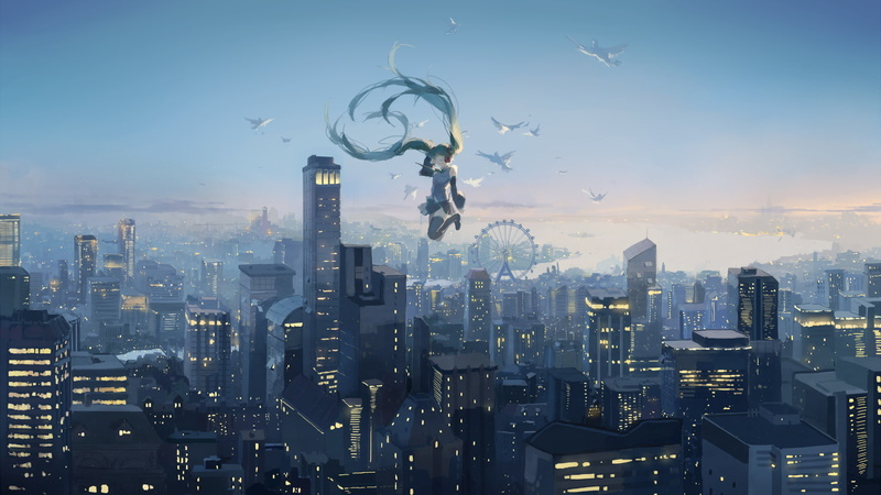 cityscape, falling down, hatsune miku, birds, 1080P, vocaloid, ferris wheel, Anime