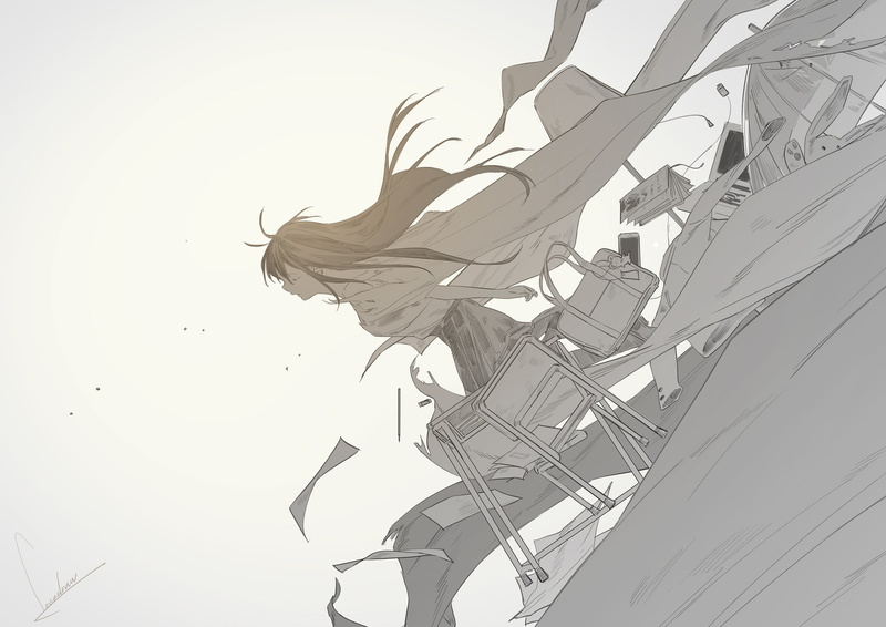 pattern, clear sky, chair, cable, low angle view, leaf, built structure, outdoors, Anime, no people, falling down, sunlight, environment, metal, complexity