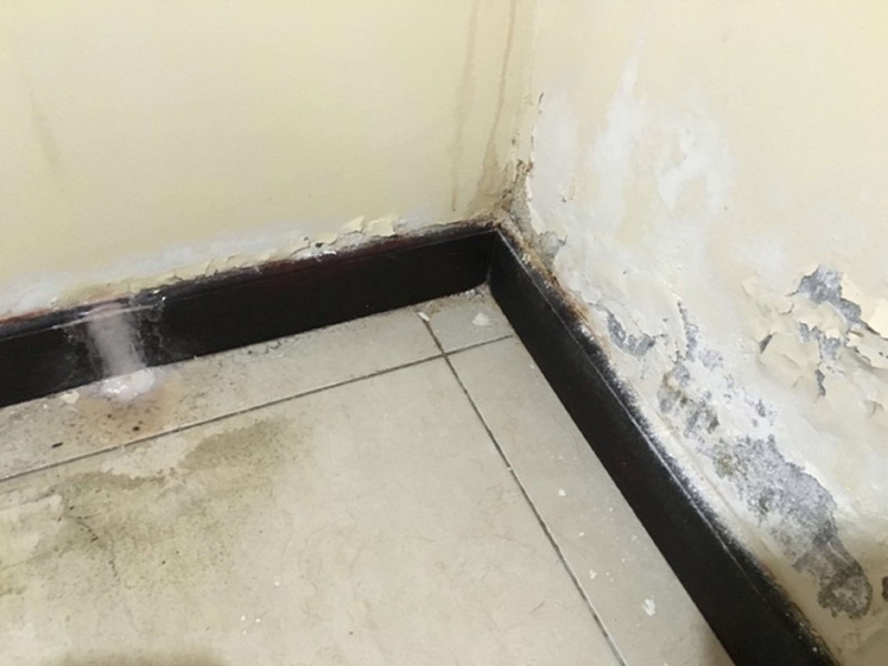 high water bill, close-up, no people, leak detection service, corner, indoors, domestic room, day, wall - building feature, tile, wood - material, tiled floor
