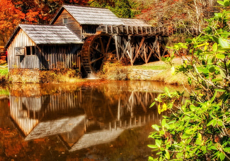 lake, autumn, mill, glow, mabry, forest, shore, 720P, trees, falling, nature, foliage, leaves, mabry-mill, afll, pond, calmness