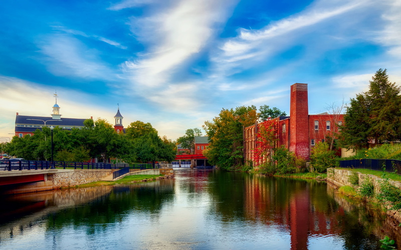 river, water, city, autumn, new hampshire, laconia, building, cloud - sky, fall, hdr, building exterior, nature, old mill, outdoors, day, sky, reflections