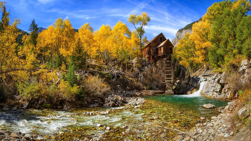 flowing water, river, 1080P, building, no people, waterfront, water, change, building exterior, place of worship, outdoors, fall nature mill river forest landscape colorado trees yellow blue shrubs mountain