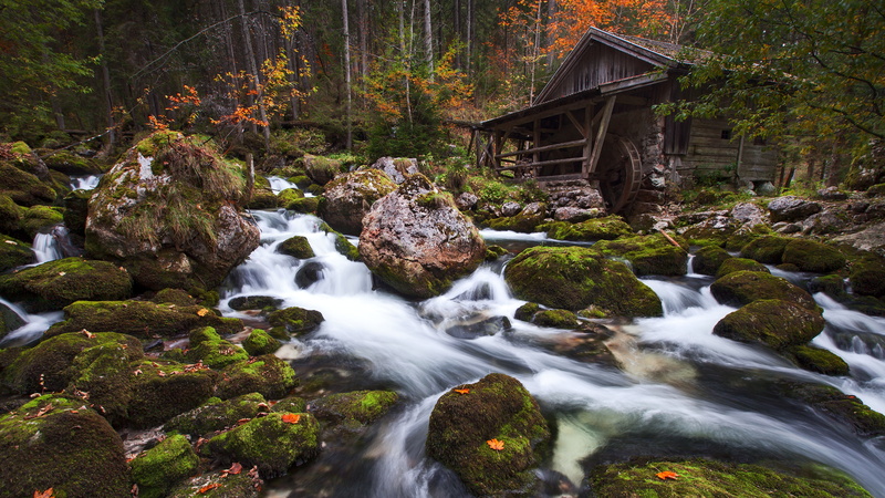 Forest, Rock, Watermill, Mill, 4K, Man Made, Stream, Fall, Landscape