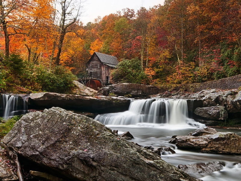 mill, forest, waterfall, autumn, fall, river, 1080P