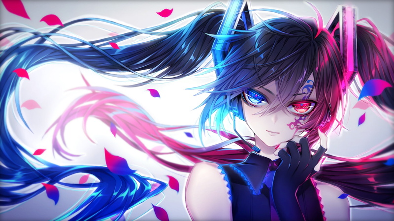 hatsune miku, petals, vocaloid, 1080P, tattoo, bicolored eyes, Anime