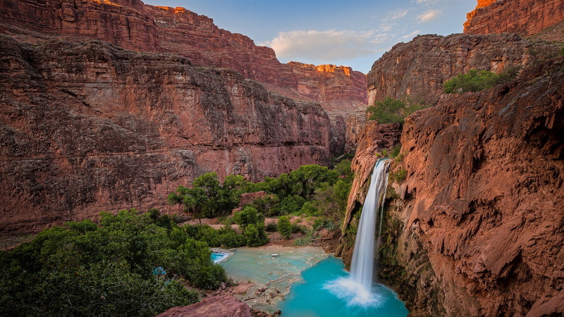 rocks, clouds, sky, 1080P, trees, Grand Canyon, valley, Arizona, mountains, water, waterfall, USA, Havasupai falls, nature, landscape, canyon, long exposure