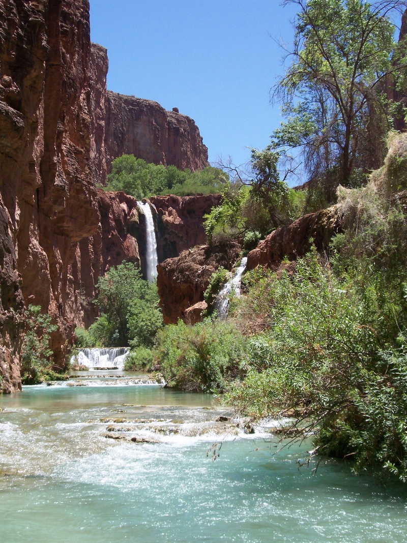 land, scenic, outdoors, nature, day, clear sky, motion, waterfall, plant, water, no people, rock, landscape, havasupai, tranquil scene, solid, beauty in nature
