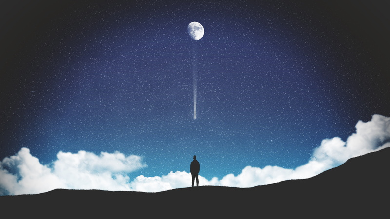 Starry sky, Falling stars, 4K, 4K, Silhouette, Moon