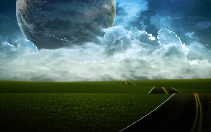 1080P, grass, field, blue, landscape, sky, clouds, roads, space, star, falling, digitalrendering, green