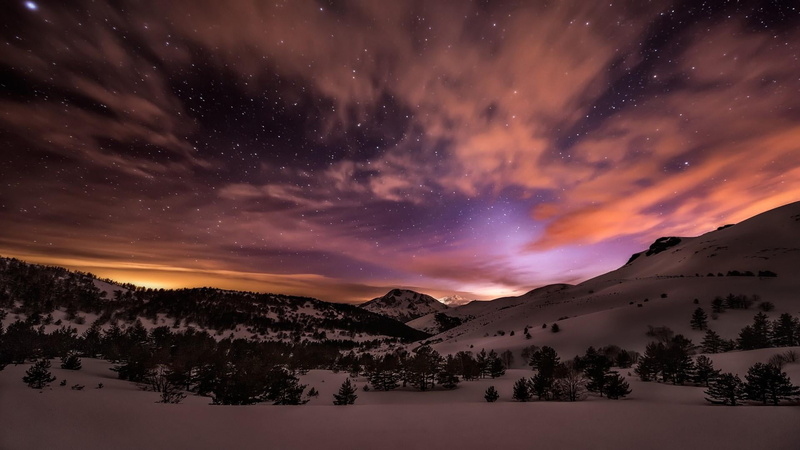 scenics - nature, snow, 1080P, mountain, mountain range, cloud - sky, starry night, nature, no people, milky way, landscape, star - space, snowcapped mountain