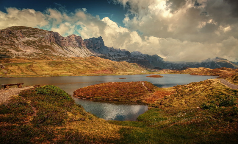 1080P, lake, clouds, Switzerland, mountains, The Tannensee lake, Alps, Obwalden, Lake Tannen